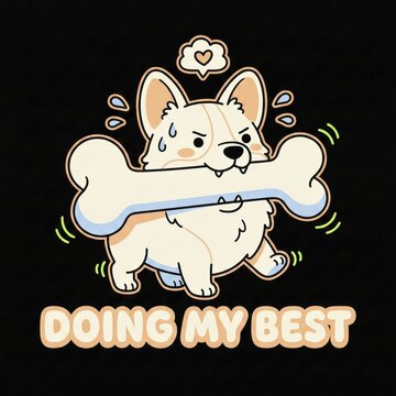 A determined corgi puppy struggles to carry a giant bone, showing effort and love for its treat, AI generated