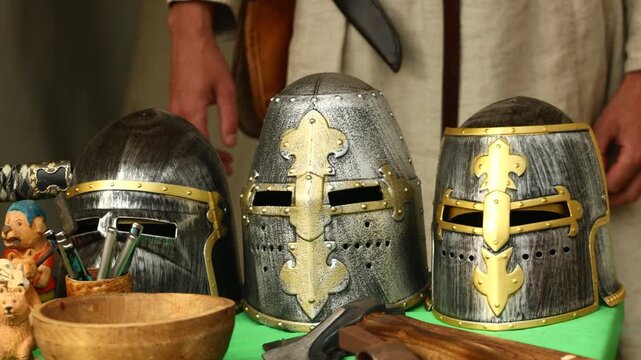Collection of helmets from different eras and cultures on a table