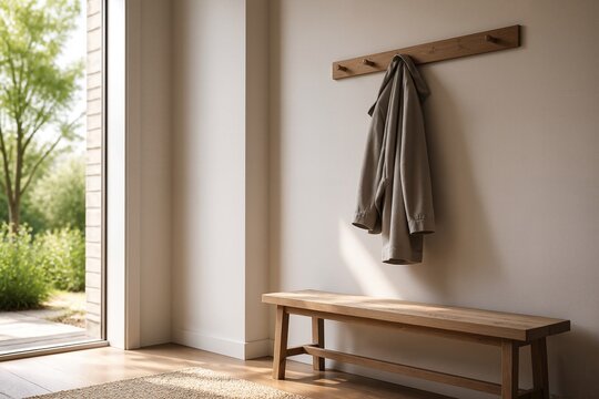 Modern entryway with wooden bench and coat hanging on wall beside open door with natural light. Stylish entryway features wooden elements and greenery outside.