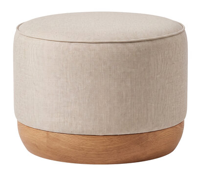 Round pouf with beige linen upholstery and solid oak base, isolated on transparent background