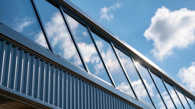 Large glass skylight set into a corrugated metal industrial roof bright sky and drifting clouds reflected clearly across the glass panes architectural detail concept engineering