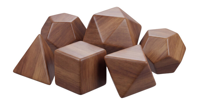 set of classic wooden polyhedral dice, perfect for tabletop gaming and strategy, presented with a smooth finish isolated on transparent background