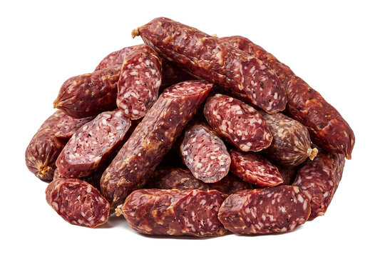pile of cured dry-aged sausage, rich in texture and flavor, presented as a culinary delight isolated on transparent background