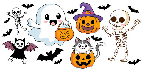 Obraz premium A set of cute halloween characters including a white ghost, a smiling jack-o-lantern with a purple witch hat, a skeleton, a bat, and a cat inside a pumpkin, isolated on a white