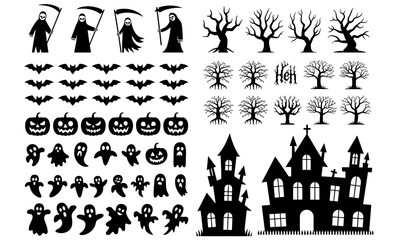 Fototapeta premium A collection of various halloween themed including a haunted house, a witch hat, a broomstick, a full moon, spiders, spider webs, bats, and a carved jack o lantern pumpkin