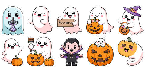 Fototapeta premium A set of adorable cartoon halloween ghosts, a vampire, and pumpkins, featuring a cat, a witch hat, and a boba tea drink, isolated on a white background