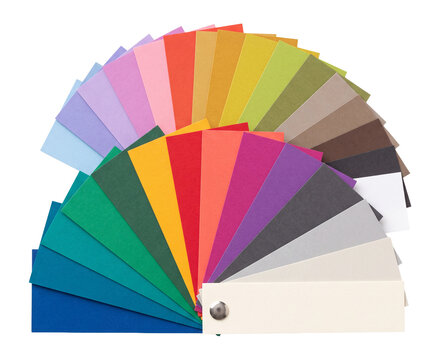 fan of paper samples in two offset layers, showcasing a range of textures and colors, isolated on transparent background