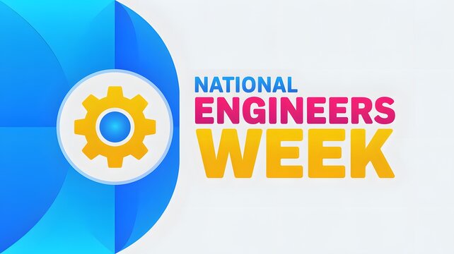 National engineers week graphic design with a yellow gear icon on a blue and white background