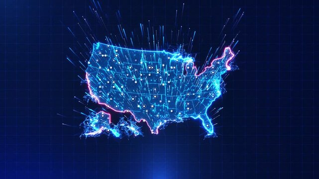 Bright USA 19 map displays network points high-speed digital connections across grid. broadband expansion, communications, distributed systems, national infrastructure, business data telecom