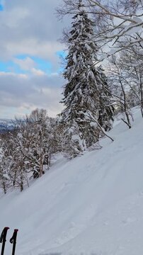 Professional snowboarder jumping off a snow pillow in a winter forest