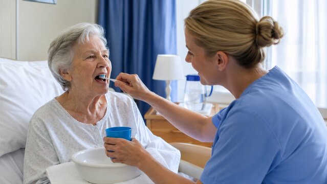 Nurse helping elderly woman with dental hygiene by brushing her teeth in hospital bed. Healthcare assistant providing care for senior patient. Daily assistance and medical support.