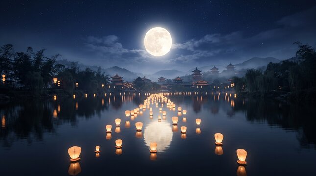 Cinematic Mid-Autumn Festival night scene with glowing lanterns floating above a calm lake toward a luminous full moon, creating a peaceful atmosphere of tradition and reunion.