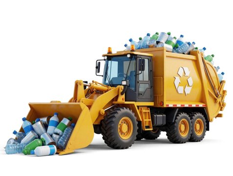 Yellow garbage truck loads plastic bottles and cans for recycling. Front loader lifts waste into rear hopper, collecting recyclables for processing. Eco-friendly waste management.