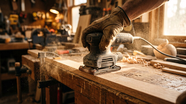 Woodworker using orbital sander to smooth plank on workbench with dust particles