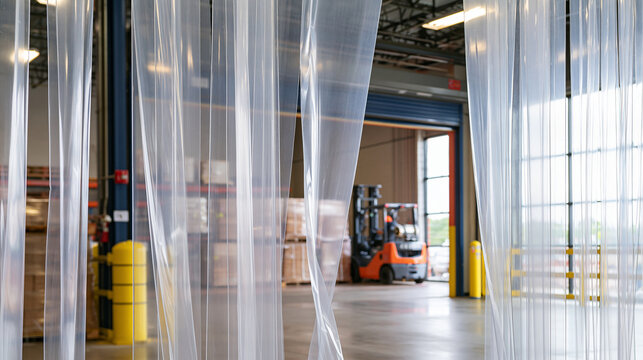 Clear plastic strip curtains hanging in overlapping ribbons across a bright warehouse loading dock forklift pallets visible just beyond the doorway winter heat retention concept
