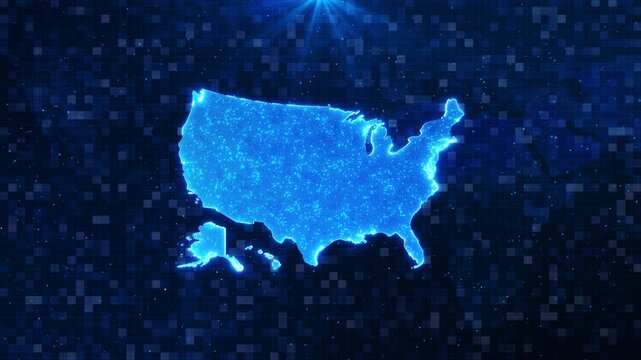 Bright cyan USA map of digital points and floating square elements. for computing, software, statistics, population research, information systems, data science and futuristic presentation videos.