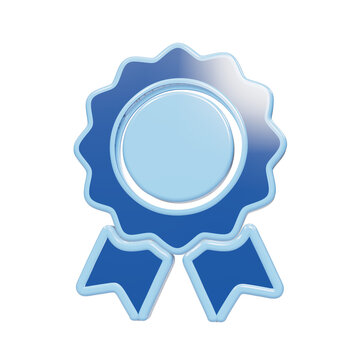 Glossy blue ribbon rosette icon with hanging ribbons representing achievement, success, and prizes badge isolated on a transparent background