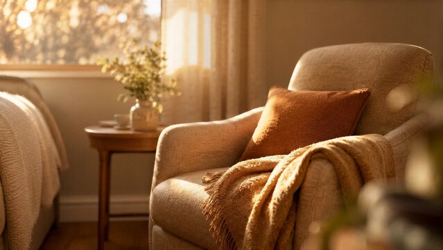 Armchair with pillow and throw blanket in cozy sunlit living room. Interior design with side table and plant. Warm morning light reflecting on furniture for relaxation concept.