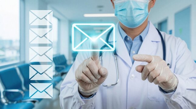 Doctor in medical mask, gloves touches glowing digital email icon. Pro physician manages electronic mail messages in hospital clinic. Virtual healthcare communication system uses tech to send medical