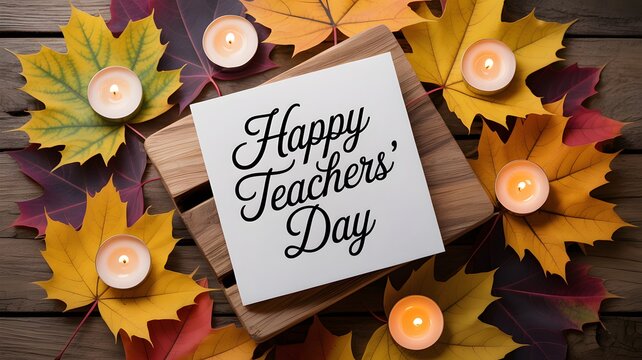 Happy teachers day greeting card surrounded by autumn leaves and glowing tea light candles on wooden background