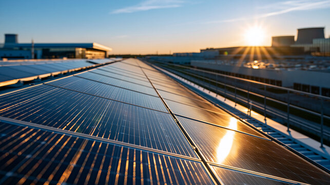 Vast rooftop solar panel arrays stretching across multiple industrial warehouses under a bright open sky neat rows catching sunlight in soft reflective patterns renewable energy concept