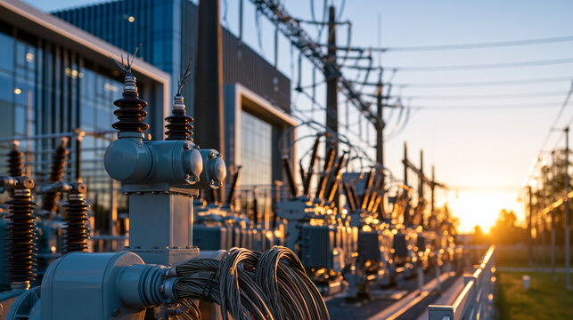 Modern industrial complex featuring a sleek contemporary factory building beside an extensive outdoor electrical substation with rows of grey transformers and coiled cabling under a bright
