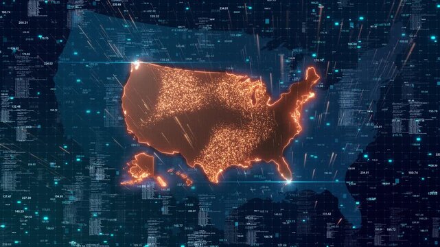 Futuristic United States map formed bright particles, numeric overlays flowing data streaks digital grid. analytics, market research, AI, cybersecurity, business intelligence infrastructure 19