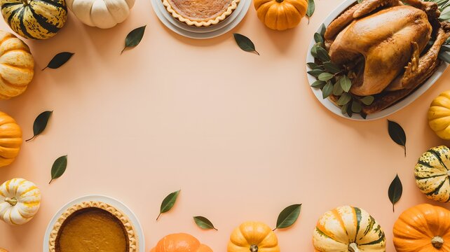 Flat lay of thanksgiving dinner roasted turkey and pumpkins with copy space on a light background
