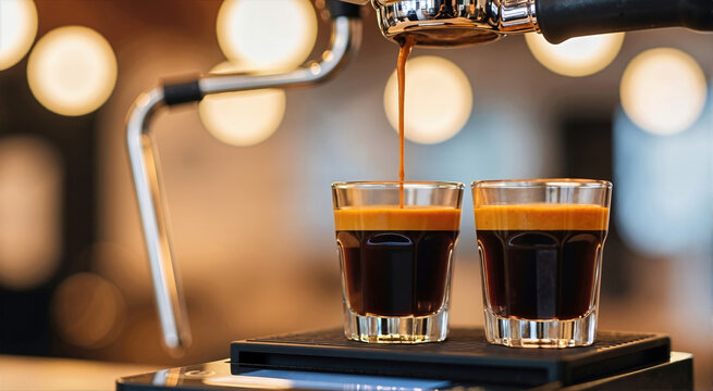 Two glass cups of fresh espresso on a digital scale under a coffee machine. Stream of coffee pouring with thick crema. Warm bokeh background in a modern cafe