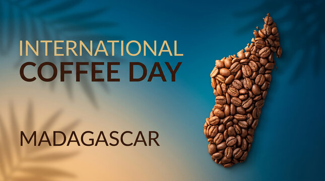 Madagascar map formed from coffee beans celebrating International Coffee Day