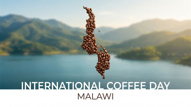 Coffee beans forming Malawi map shape on serene lake and mountain backdrop