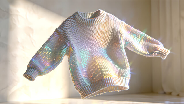 A soft white knitted sweater with a magical holographic shimmering effect floating in a bright room.