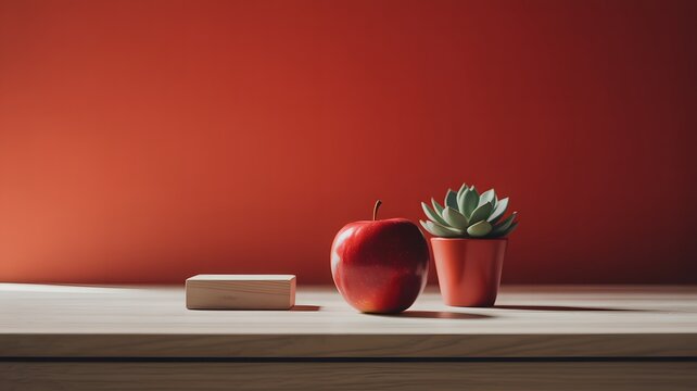 A fresh red apple and a small succulent plant sitting on a wooden table against red wall