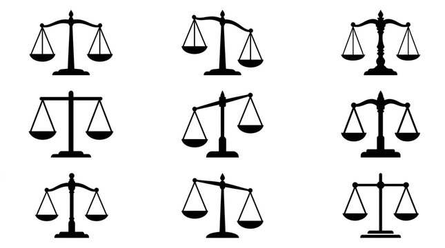 Scales of Justice Silhouette Set Grid Balanced and Unbalanced Legal Icons