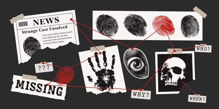 Detective Crime Investigation Board Vector Background with Fingerprints Handprint Skull Newspaper and Connected Red Strings