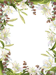 Fototapeta premium Delicate watercolor lily frame with eucalyptus greenery for elegant wedding invitations, bridal shower cards and spring photo borders