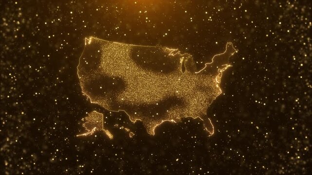 Golden United States map from thousands of luminous particles across a dark cinematic background. business data, economic growth, investment, population analytics technology, national networks finance