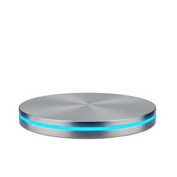 Round metal pedestal with glowing blue neon light ring isolated on transparent background