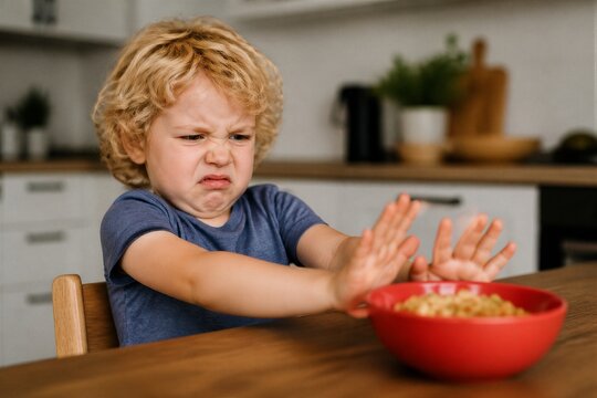 Preschool boy refusing cereal at kitchen table