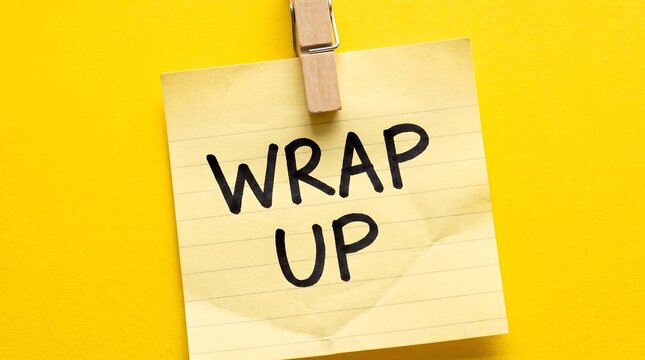 Wrap up text on yellow sticky note, business summary concept, reminder note pinned with wooden clothespin on yellow background