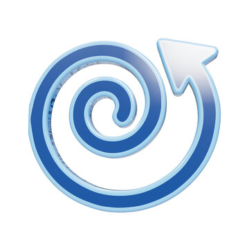 Shiny blue spiral arrow icon with glossy surface texture and white outline detail pointing upward inside isolated on a transparent background