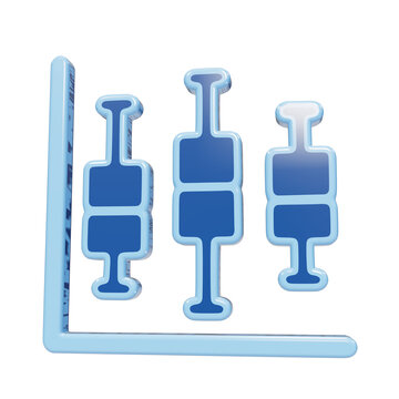 Three dimensional blue box plot chart with three vertical statistical distributions against an l shaped axis isolated on a transparent background