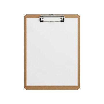 Wooden clipboard with blank paper sheet for notes isolated on transparent background