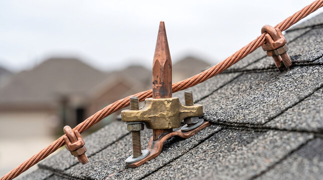 Roof Lightning Protection System with Copper Grounding Cable and Metal Air Terminal on Shingle Roof, Electrical Safety Equipment for Residential Building and Storm Protection Guard