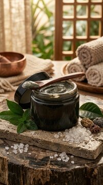 Mud pack in a dark glass jar, wooden spoon with cosmetic clay, natural sea salt crystal on travertine stone, green mint leaf, rolled towel for wellness spa facial therapy.