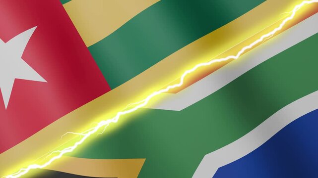 Two waving flags Togolese Republic and South Africa with diagonal lightning seamless, 4k loop