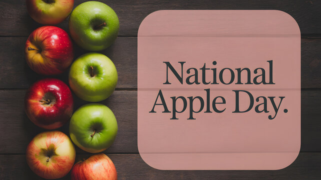 National apple day celebration background with fresh red and green apples on a rustic wooden table surface