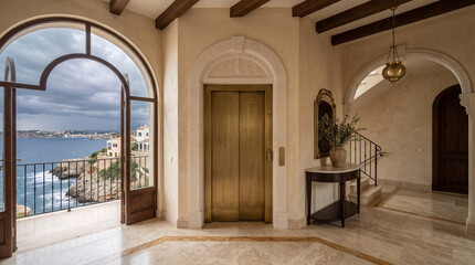 Fototapeta premium Interior view of elegant hotel lobby with brass elevator and balcony view