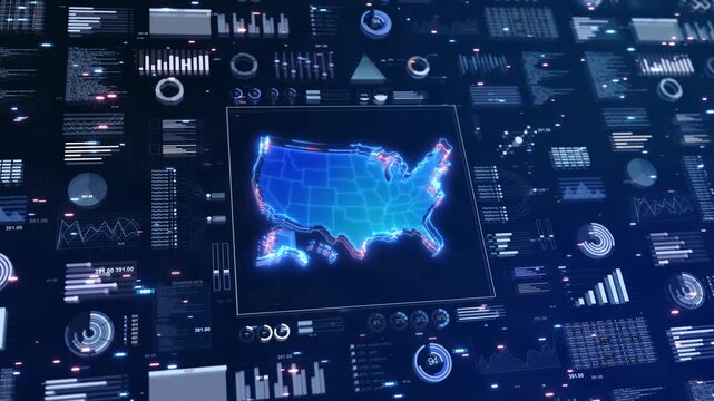 Futuristic interface features glowing USA map rich analytics layout filled graphs and indicators. revenue reports, decision making, performance review, business intelligence, software demos 19
