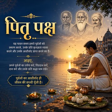 Pitr paksha ritual offering banner with man performing shradh ritual by river